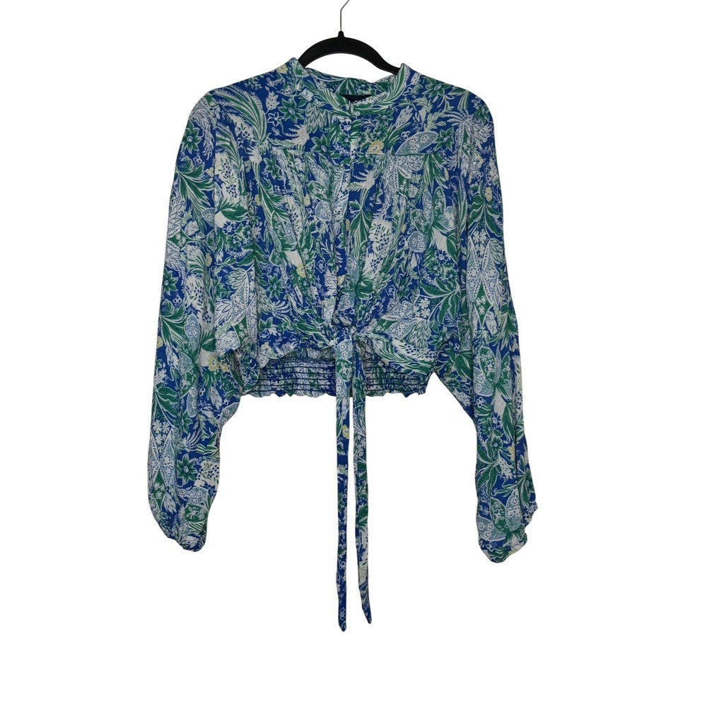 Rachel Roy Blue Green Floral Paisley Tie Front Smocked Crop Top Blouse L Y2K